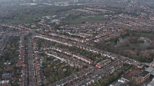 Drone shot over suburban north London near Alexandra palace