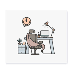 Comfortable workplace color icon.Home workspace. Working room with seat, desktop and computer. Freelancer workstation sign. Home interior concept. Isolated vector illustration
