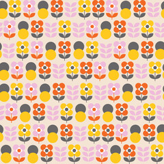 Simple flower, leaf and circle seamless pattern in pink, grey, orange and yellow. Warm colours © Rose Makin