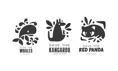 Save Wild Animals Logo Design Set, Protection of Whales, Koala, Red Panda Animals Black and White Badges Vector Illustration