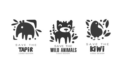 Save Wild Animals Logo Design Set, Protection of Tapir, Wild Animals, Kiwi Animals Black and White Badges Vector Illustration - obrazy, fototapety, plakaty