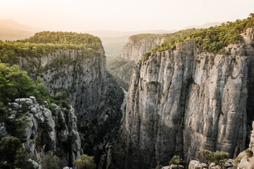 Early morning, just after sunrise. Tazi Canyon (Bilgelik Vadisi) in Manavgat, Antalya, Turkey. Amazing landscape and cliff. Greyhound Canyon, Wisdom Valley.