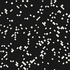 Vector abstract pixel mosaic background. Simple monochrome seamless pattern with small squares, diamonds, rhombuses, randomly scattered dots. Black and white minimal texture. Dark repeatable design 