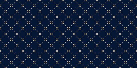 Golden minimal floral geometric seamless pattern. Simple vector black and gold abstract background with small flowers, tiny crosses, grid, lattice. Subtle minimalist repeat wide texture. Luxury design