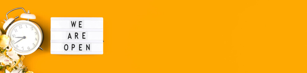 We are open text sign wide banner background with copy space