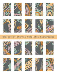 Big set of editable template for stories. Modern abstract cover design for social media, flyers, card. Concept geometric shapes background in trendy colors. Colorful vector illustration