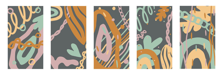 Obraz premium Set of editable template for stories. Modern abstract cover design for social media, flyers, card. Concept geometric shapes background in trendy colors. Colorful vector illustration