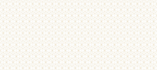 Golden lines pattern. Vector geometric seamless texture with delicate grid, thin lines, hexagons, triangles, diamonds. Abstract minimal gold background. Art deco style ornament. Subtle geo design
