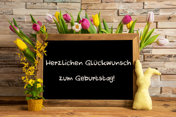 Tulip, Brick Wall, Blackboard, Glueckwunsch Zum Geburtstag Means Happy Birthday