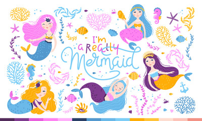 Mermaid set. Vector illustrations of cute fantastic girls characters in a simple hand-drawn cartoon style surrounded by marine life, corals, seashells, algae. Colorful palette. Lettering