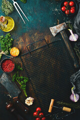 Food background. Culinary background with spices, herbs and vegetables. Top view. Flat lay.
