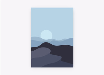 Abstract landscape poster design. Moon, hills and sky in oriental style. Desert background in vector