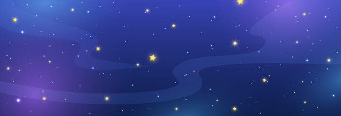 Night sky background with shiny stars. Blue galaxy long banner. Cosmos backdrop. Space texture. Magic light pattern. Universe template. Vector illustration