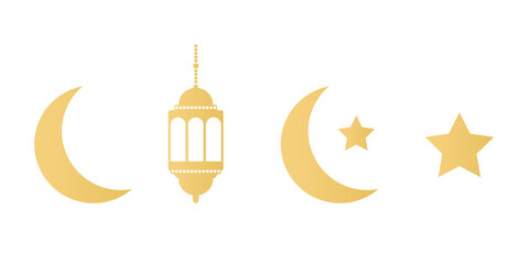 Ramadan gold icons set on white background. Golden lanterns, crescent and stars. Ramadan Kareem greeting card. Celebration design elements. Muslim islamic feast. Vector illustration