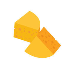 Vector isometric illustration. Slices of flat yellow milk cheese with holes. Dairy piece cheddar triangle icon.