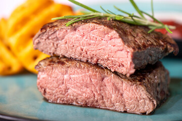 steak with potato lattices