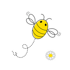 Cute bee with dotted line flight and chamomile flower. Apiary for the production of honey. Printing on children's clothing, decorative pillows. Vector graphics.