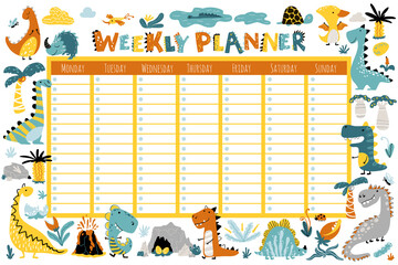 Dino Planner for a week. Vector colorful illustrations of various funny dinosaurs and jungdeys with volcanoes in scandinavian cartoon style. The limited palette is ideal for the school schedule © Svitlana Kharchuk