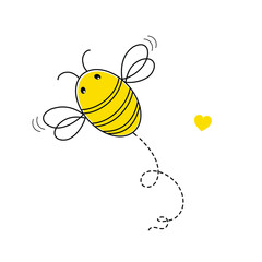 Cute bee with dotted line flight and heart. Apiary for the production of honey. Printing on children's clothing, decorative pillows. Vector graphics.
