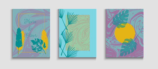 Abstract Vintage Vector Banners Set. Tie-Dye, Tropical Leaves Flyers.