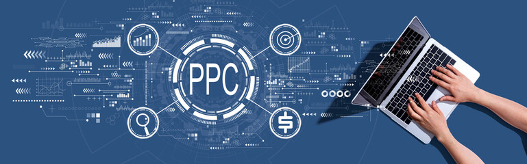 PPC - Pay per click concept with woman using a laptop