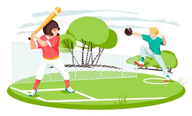 Vector Illustration. Child sport and activities. Baseball cartoon players: catcher, pitcher in modern flat style.  Baseball characters.