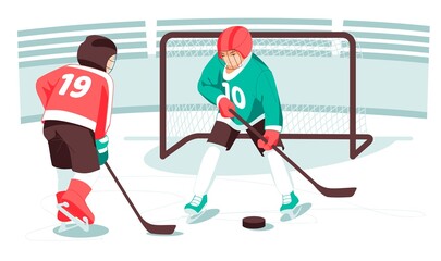Kids hockey players, hockey sticks, pucks, kids gates, sports and activities. Winter sport. Ice hockey championship. Flat cartoon illustration 