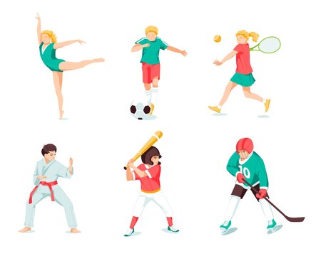 Happy children playing sport game. Training set. Football, tennis, karate, baseball, hockey, gymnastic. Active healthy childhood. Flat vector cartoon illustration isolated on white background