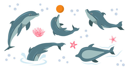 Cute dolphin set. Happy cute dolphin character performing tricks in water, jumping, holding ball, catching fish. Cartoon Characters Funny Dolphin Set.