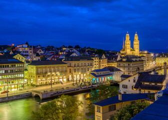 Night view of historic Zurich city center on summer, Canton of Zurich, Switzerland.