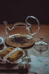 Tea time, green tea, sweet, black tea, tea, cup, teapot, tea party, sweets, cakes, lemon, on the table, table, still life, brown, green, flatley