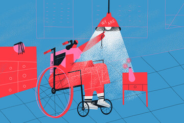 Disabled adult woman person in a wheelchair looking for the visibility and rights of people with disabilities.