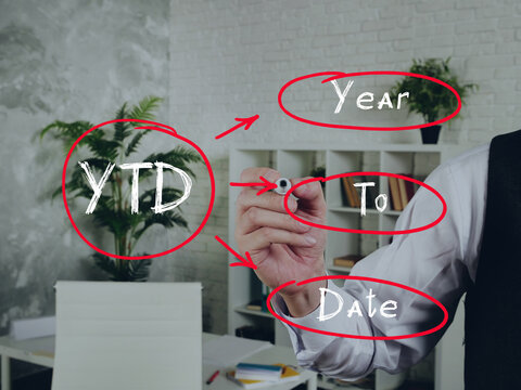  YTD Year To Date note. Hand holding a marker pen to write on officce background.