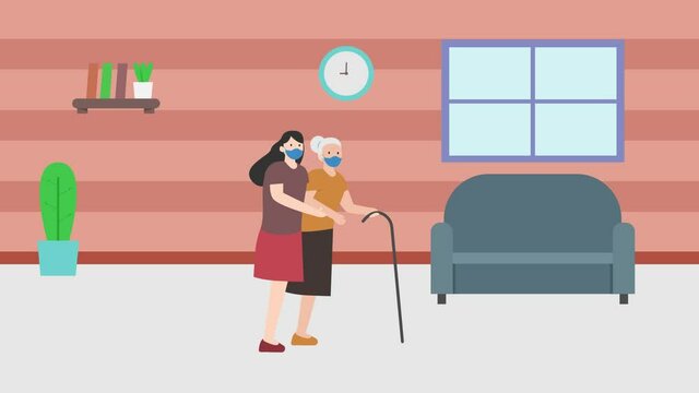 Woman help her grandmother to walk in living room