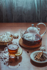 Tea time, green tea, sweet, black tea, tea, cup, teapot, tea party, sweets, cakes, lemon, on the table, table, still life, brown, green, flatley