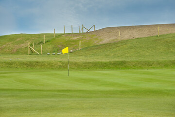 Golf course putting green with short grass and flag marking hole