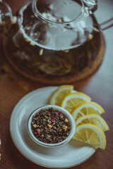 Tea time, green tea, sweet, black tea, tea, cup, teapot, tea party, sweets, cakes, lemon, on the table, table, still life, brown, green, flatley