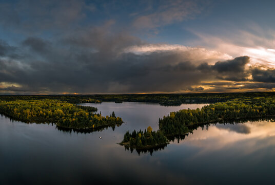 An aerial view in autumn of Forest Lake in Northwest Ontario, Canada.
