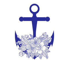 Blue anchor with doodle bohemian outline flowers, isolated on white background, marine concept. Hand drawn vector illustration in vintage style.