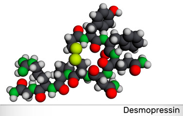 Desmopressin, desmopresina, desmopressinum molecule. It is antidiuretic peptide drug, synthetic analogue of vasopressin. Molecular model. 3D rendering.