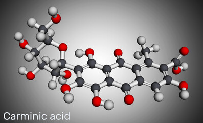Carminic acid molecule. It is сoloring matter, red glucosidal hydroxyanthrapurin. It is used in foods, pharmaceuticals. Molecular model. 3D rendering