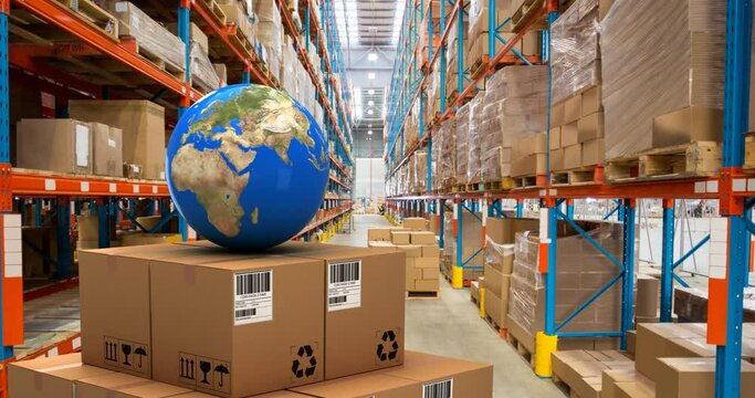 Animation of globe on cardboard boxes moving over warehouse