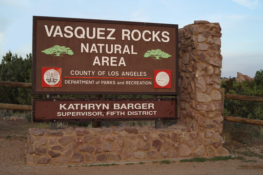 Agual Dulce, CA, USA - April 6, 2021: this image show an information sign at the Vasquez Rocks Natural Area in the County od Los Angeles.
