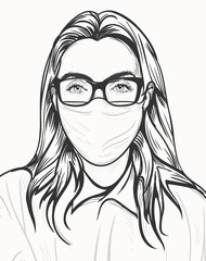 Lines. Young female doctor (nurse) in a medical mask and glasses in a white coat. Vector illustration, pop art comic style, EPS 10. Concept of protection against coronavirus and covid-19. Pandemic.