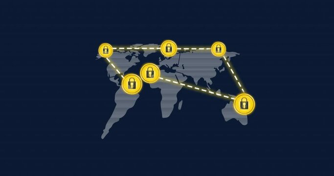 Animation of network with yellow padlock icons over world map on blue background
