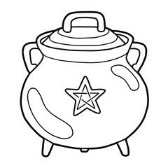 The witch's cauldron. Decorated with a pentagram. Coloring page. 