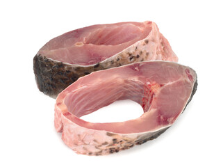 Carp steaks on white background, close up