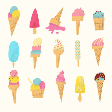 Ice cream cones and popsicles set. Hand drawn cute frozen dessert with textured details.