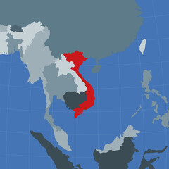 Shape of Vietnam in context of neighbor countries. Country highlighted with red color on world map. Vietnam map template. Vector illustration.