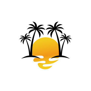 Colored icon of palm trees on the island, sunset. Vector illustration eps 10